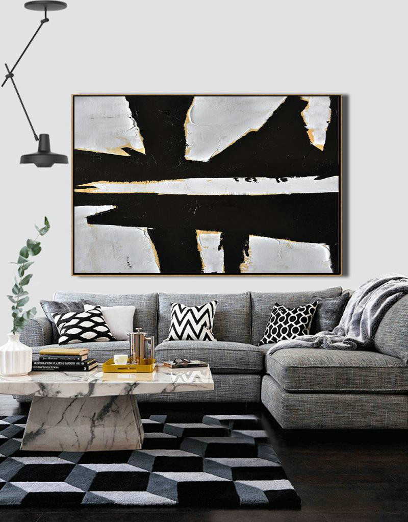 Large Canvas Art,Modern Art Abstract Painting,Horizontal Palette Knife Minimal Canvas Art Painting Black White Beige - Hand Paint Abstract Painting
